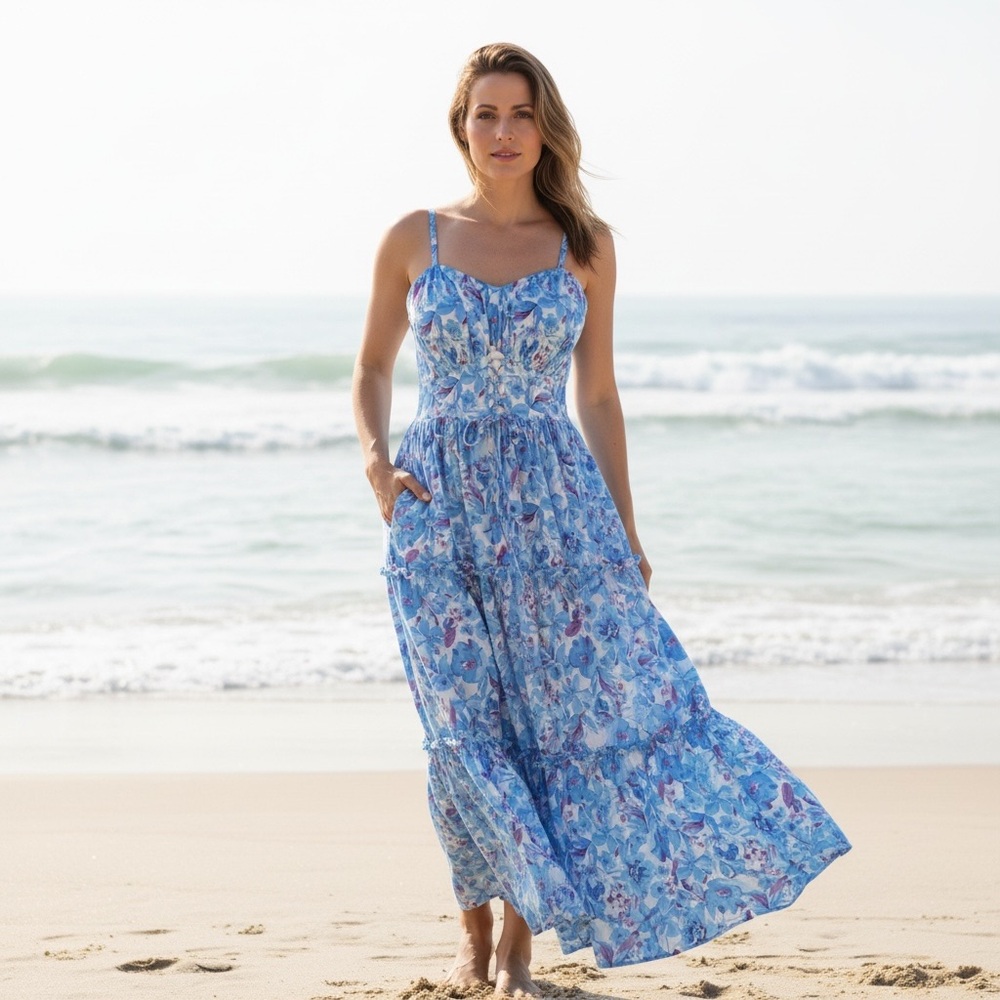 Grace Karin Blue/White Floral Coastal Bohemian Tiered Smocked Midi Dress NWT L